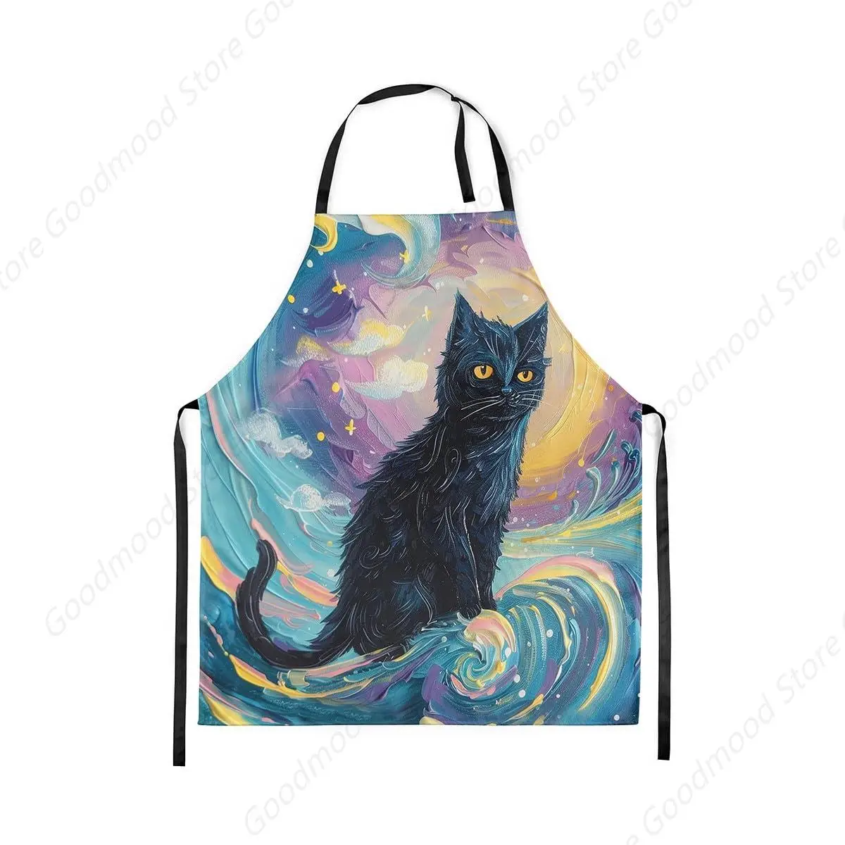 

Cat Kitchen Apron Watercolor Blue Tie Sky Yellow Moon Apron for Adults Cartoon Animal Halloween Waterproof Apron