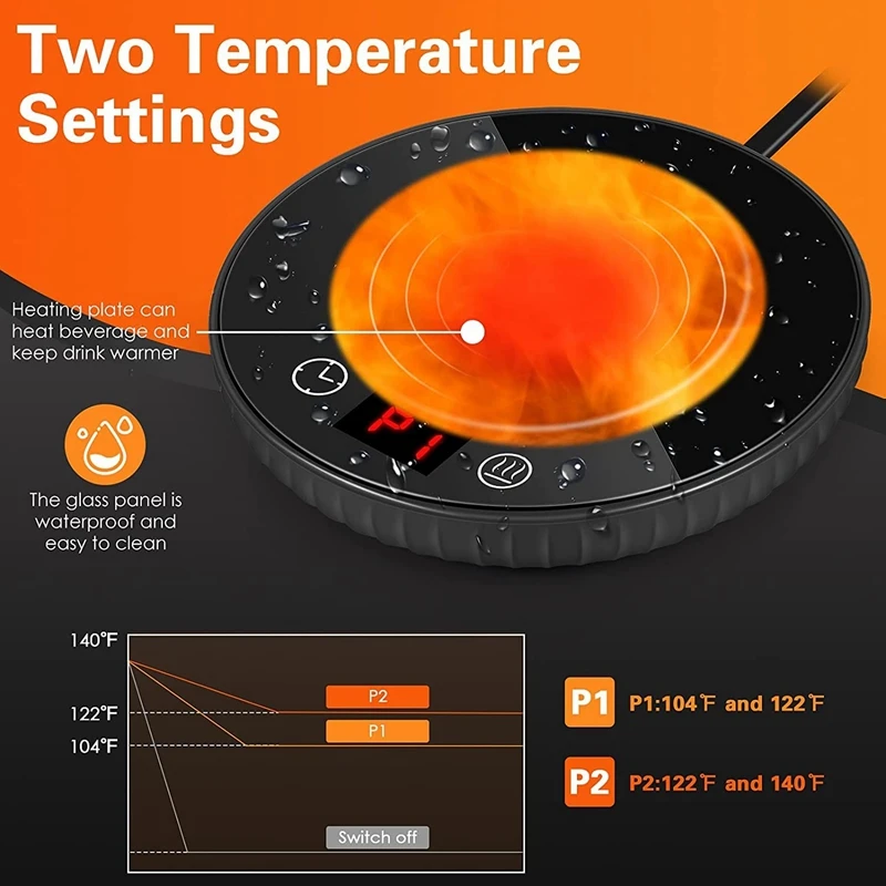 1 Pcs Cup Warmer Coffee Mug Warmer 8H Auto Shut Off 1-12H Timer Candle Wax Warmer, 2 Temp Setting 122/140℉ Black US Plug
