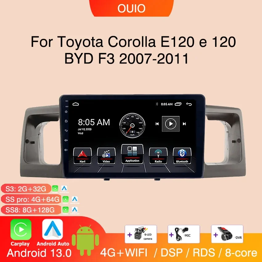 

2DIN Android 13 radio For Toyota Corolla E120 e 120 BYD F3 2007-2011 Car stereo Multimedia Player Carplay Auto GPS Navigation