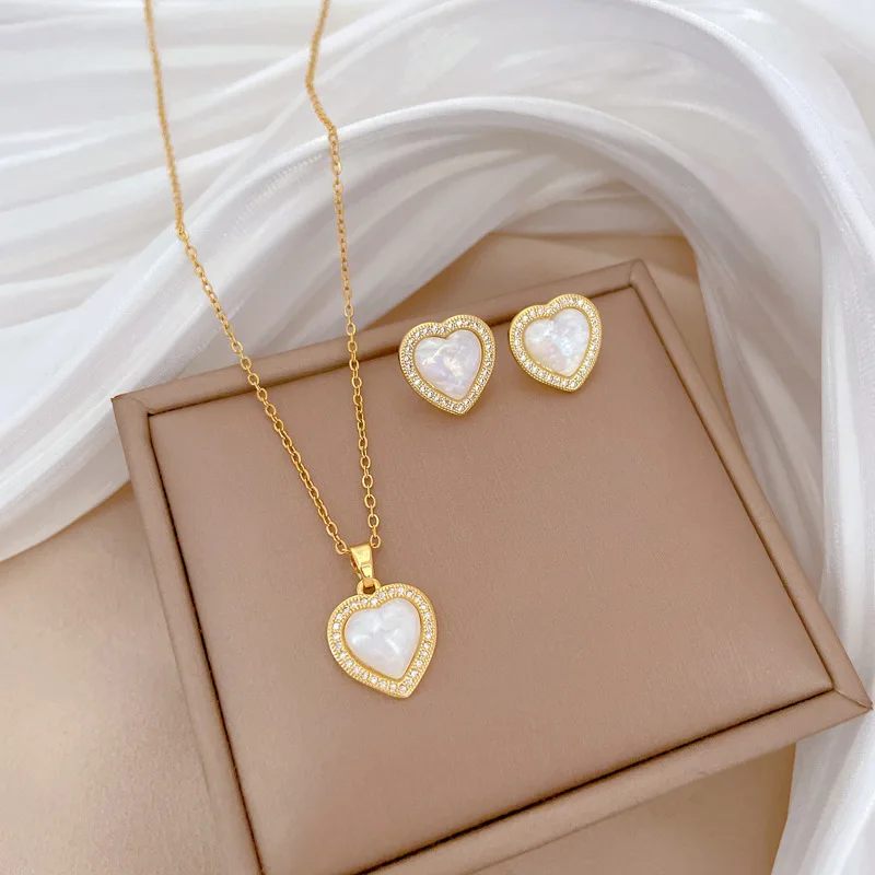 Fashion Heart Zircon Pendant Necklace Earrings Jewelry Set For Women Stainless Steel Chain Necklaces Valentine's Day Gift