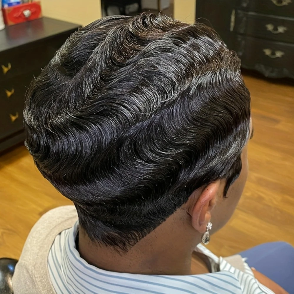 곱슬 웨이브 핑거 웨이브 픽시컷 가발 (여성용) 150% 밀도 6인치 인모 가발 (여성용) 풀머신 메이드 가발