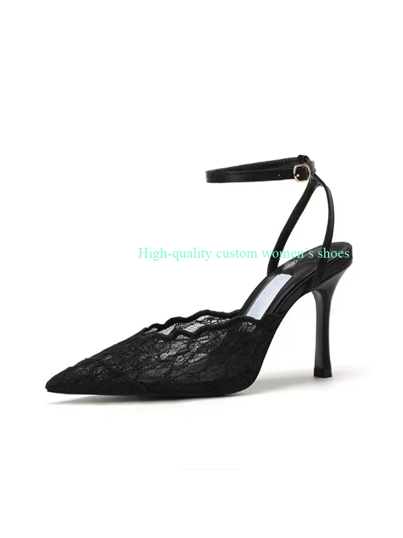 Pointed Color Blocking Lace is Breathable Women's Wedding Shoes Mesh One-strip Stilettos Luxury Women's Shoes Shallow Banquet view 5