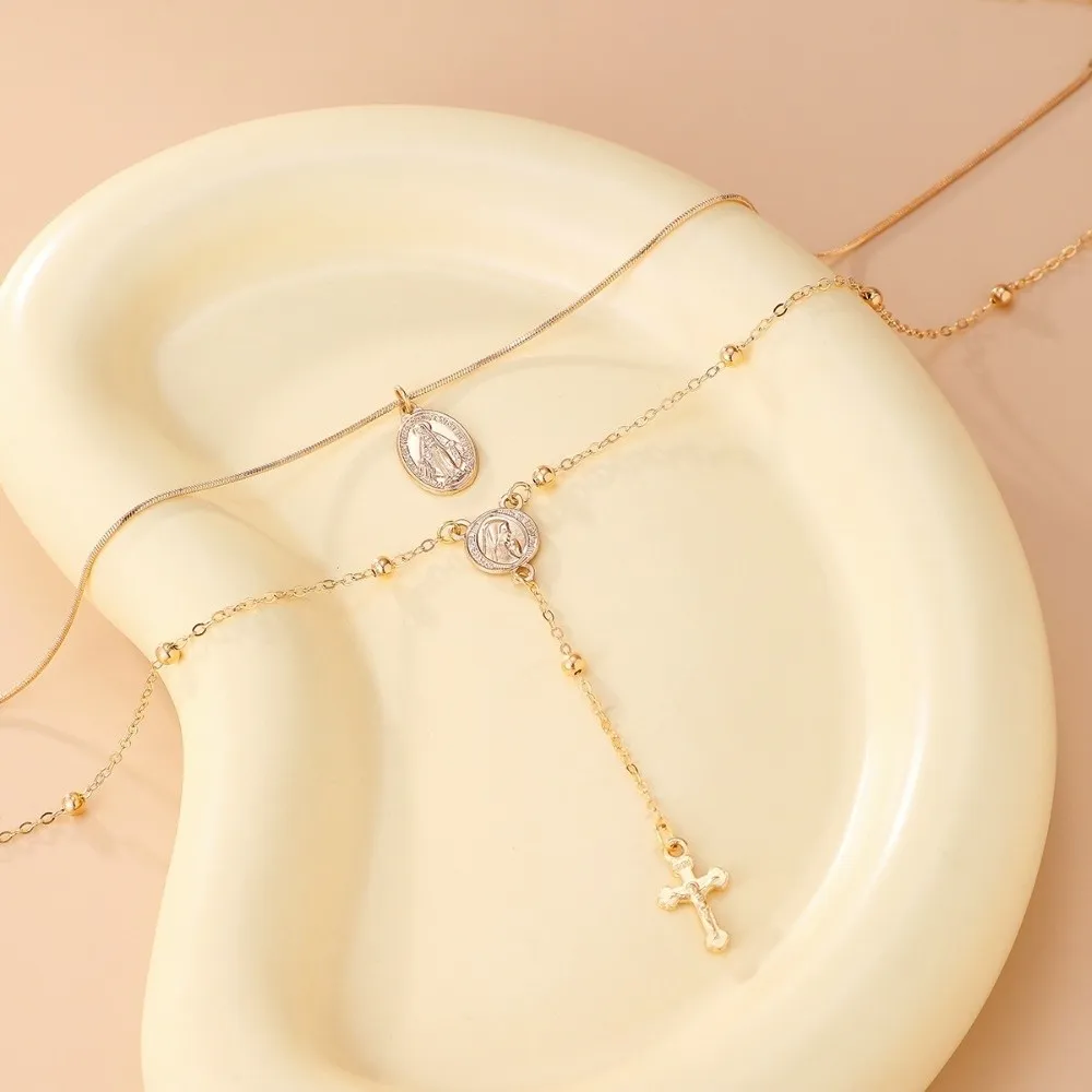 فريدة من نوعها حجر الراين معدن مكدسة قلادة Y2K الأزياء الصليب قلادة مجموعة خمر نمط سبائك ملونة الرقبة قلادة الفتيات