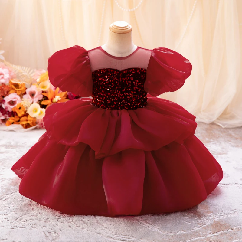 

Toddler Sequin Baby Girls Party Dress Christmas Puff Sleeve Wedding Princess Prom Gown Tutu 1st Birthday Bridemaid Kids Clothing