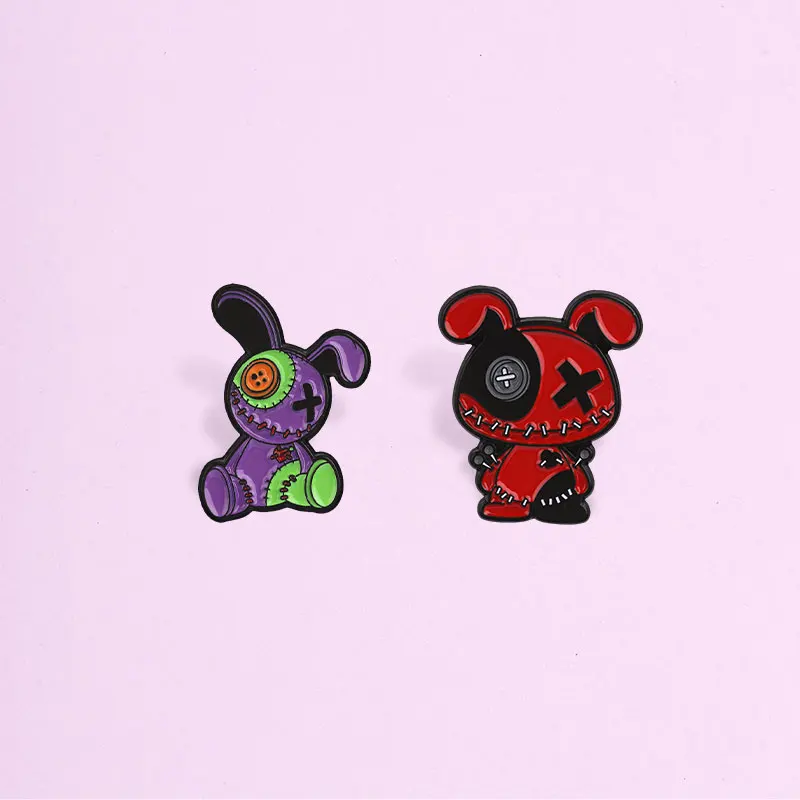 Creepy Cute Stitched Bunny Doll Enamel Pin Emo Goth aesthetic Brooch Lapel Badge For Halloween Costume Bag Decoration