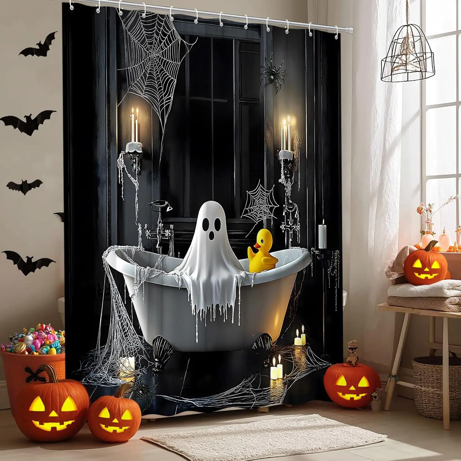Halloween Ghost Shower Curtain Spooky Horror Bathtub Gothic Window Spider Web Scary Night Bathroom Decor Bath Curtain with Hooks