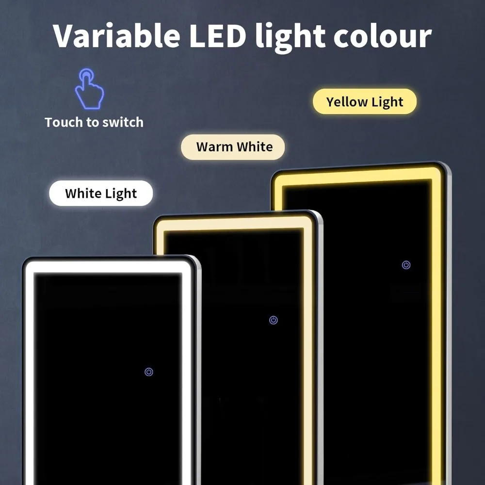 LED-verlichte vloerspiegel over de volledige lengte met instelbare helderheid en 3 kleurmodi voor slaapkamer, staand of aan de muur gemonteerd