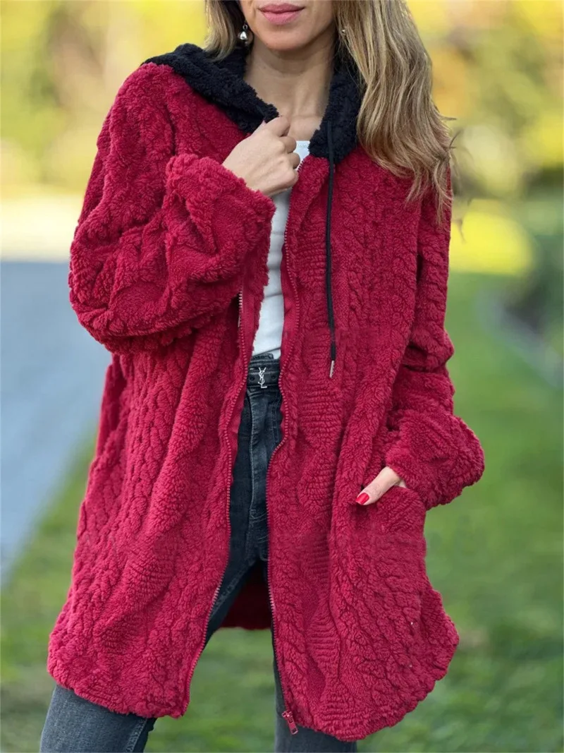 

2025 Autumn/Winter New Women's Casual Hoodie Solid Color Hairy Zipper Long Sleeve Coat for Women