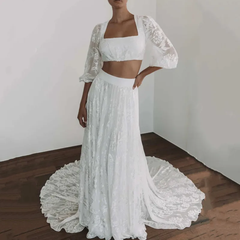 

Beach 2-piece A-Line Lace Appliques Wedding Dress Ivory Half Sleeve Pleats Square Collar Sexy Backless Court Train Customized