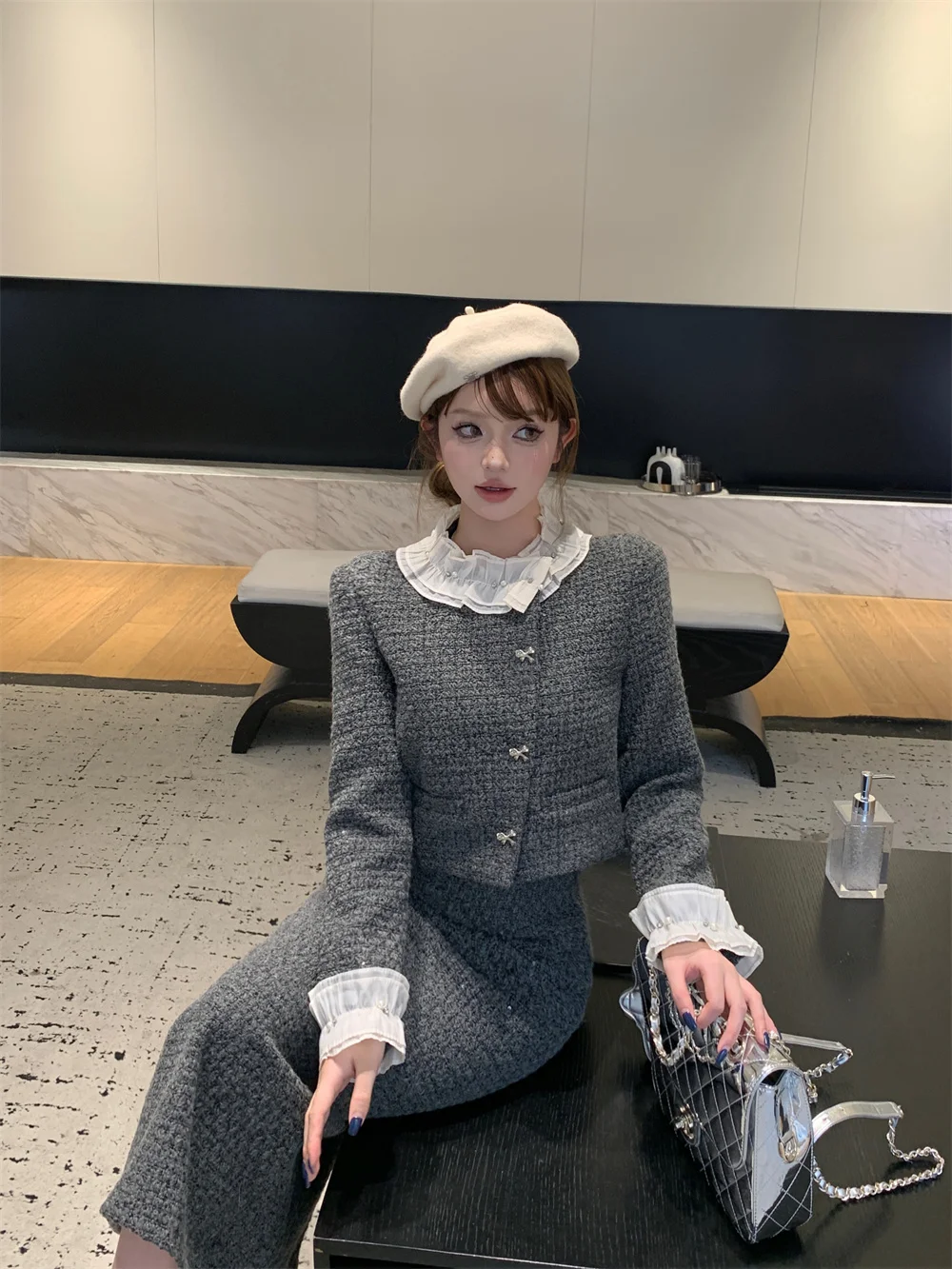 

UNXX Padded and Thickened Autumn/Winter Long Skirt Classic Style Jacket Two-Piece Set High-End Stand Collar Pearl-Trimmed Suit