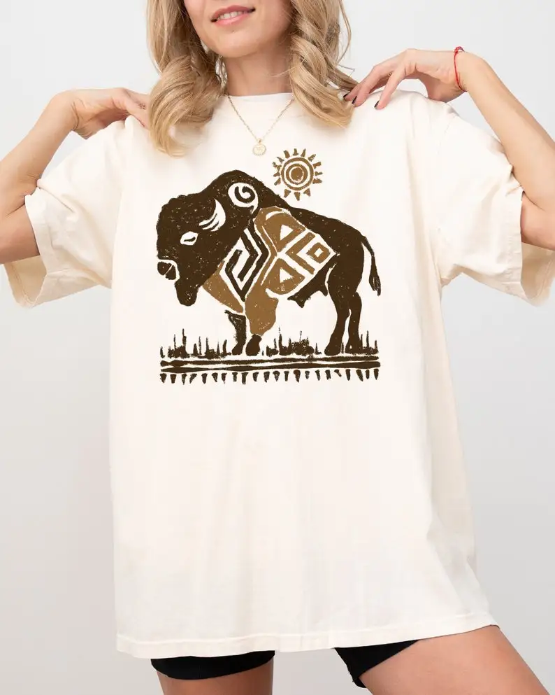 

Bison, Western, Buffalo, Sun, Cowboy, Nature, Tribal Print Shirt, Comfort Colors Tee