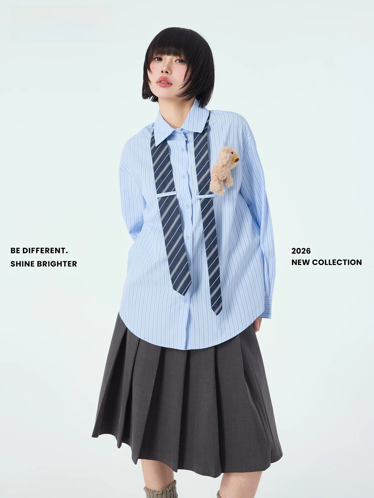 

Loose Blue Striped Bear Print irt Academic Sle Women's Premium Spring New Arrival Casual Long Sve Polyester Blend