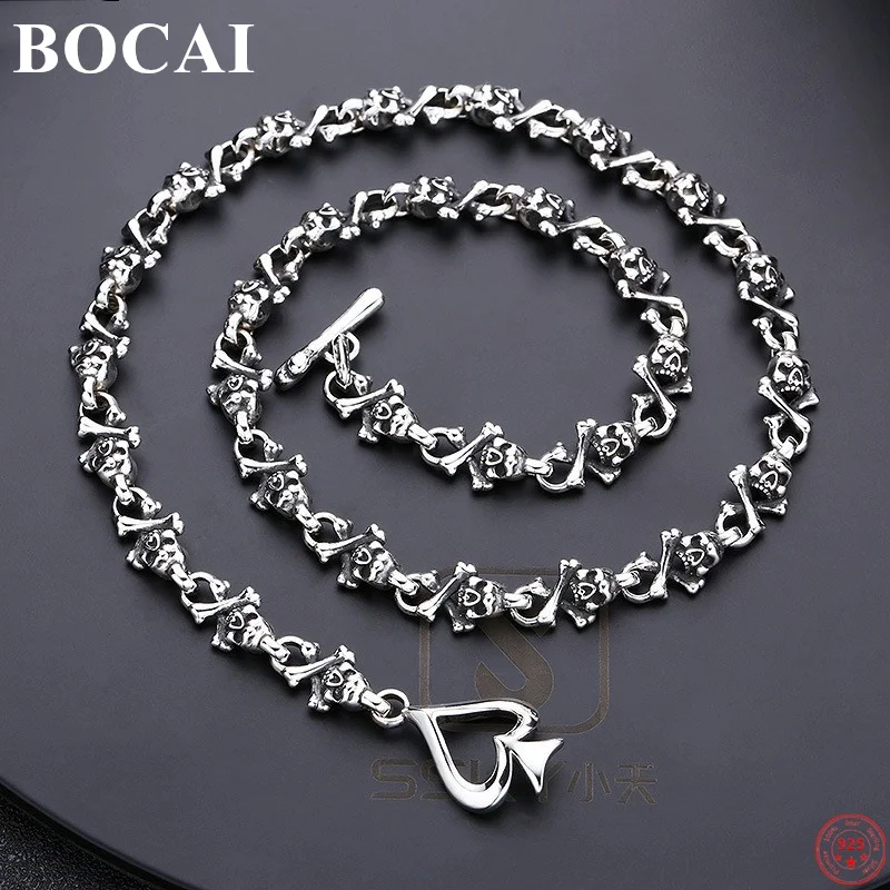 BOCAI S925 Sterling Silver Necklace  New Fashion Classic Vintage Heart-Shape Skull Pure Argentum Punk Jewelry for Men Women