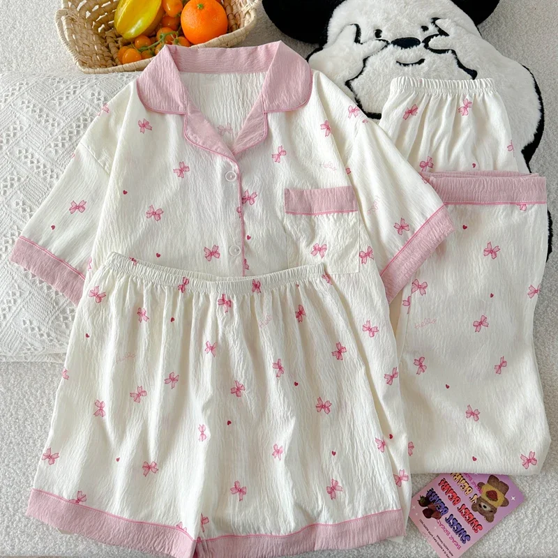 Bow Tie Print French Aesthetics Pajamas Set Sweet Cute Girl Popular 3 Women's Pajamas Set Short Autumn New Fashion Sleepwear