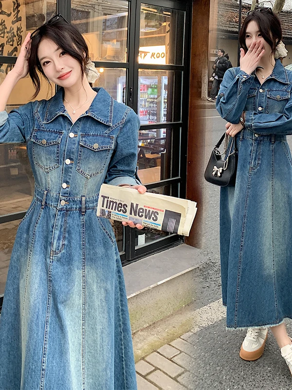 Spring Long Sleeve Women's Denim Dress Shirt Princess A-Line Skirt Loose Waist Sweet Style Casual Wear Spring Collection