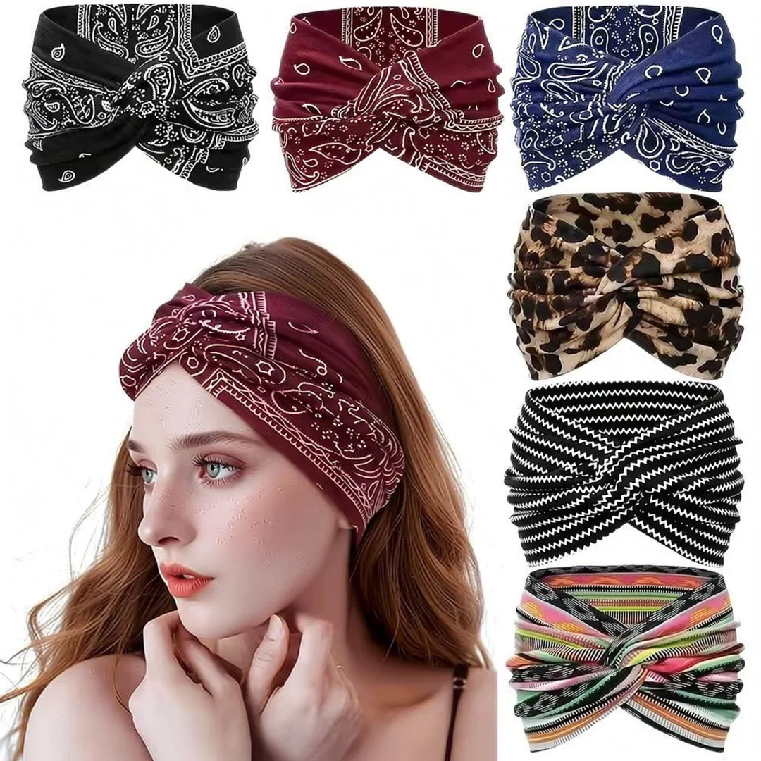 Women Ultra‑Wide Elastic Cross‑Stitch Headband, Sweat‑Wicking Forehead Protection Sports Hair Band for Yoga Running Outdoor