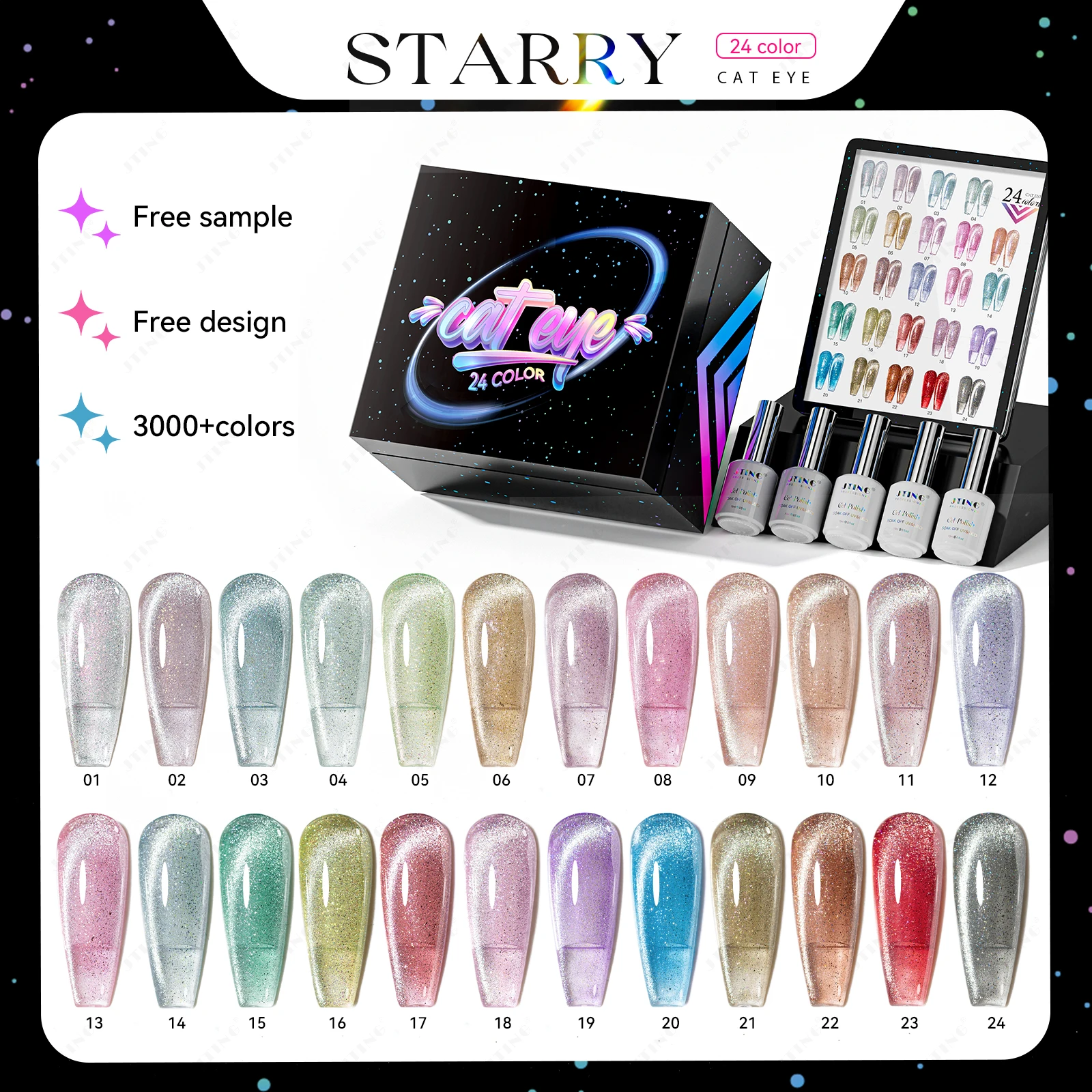 JTING Starry Cat Eye Gel Nagellakset - 24-kleuren Summer Diamond Collectie met unieke kleurenboek Professionele gellakset