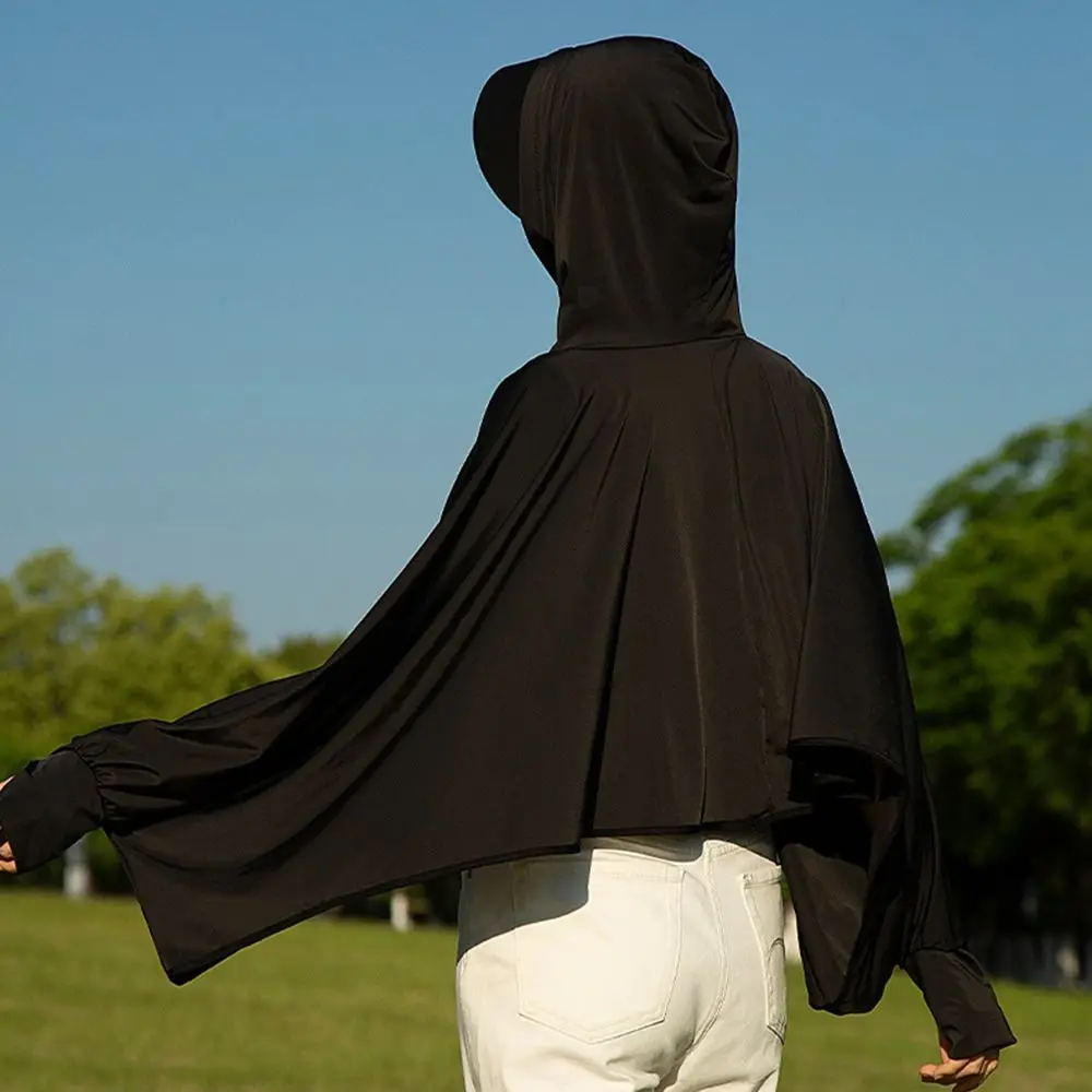 Fashion Ice Silk Sunscreen Shawl Long Sleeve Quick Drying Driving Short Cloak Breathable Anti-UV Sunscreen Hoodie for Women