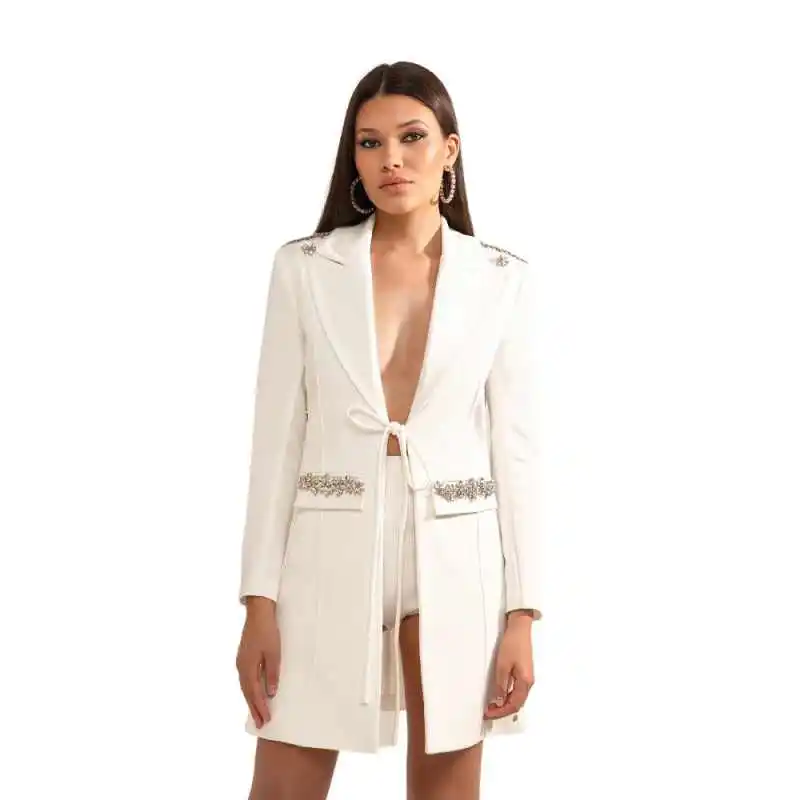 Customized 2 Piece Set Single Breasted Diamond Luxury V Neck Women Suits Simple Beads Notched Lapel Plus Size Women Blazer view 3