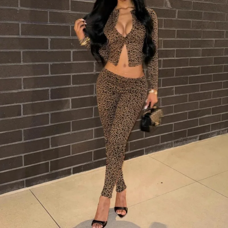 Leopard Print Two Piece Set Women O-neck Long Sleeve Single Breasted Cardigan T-shirts Crop Top + Pencil Pants Streetwear Suits