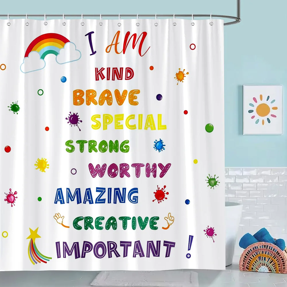 Colourful Inspirational Quotes Shower Curtain Rainbow Dots Positive Words Kids Bathroom Decor Polyester Fabric Shower Curtains