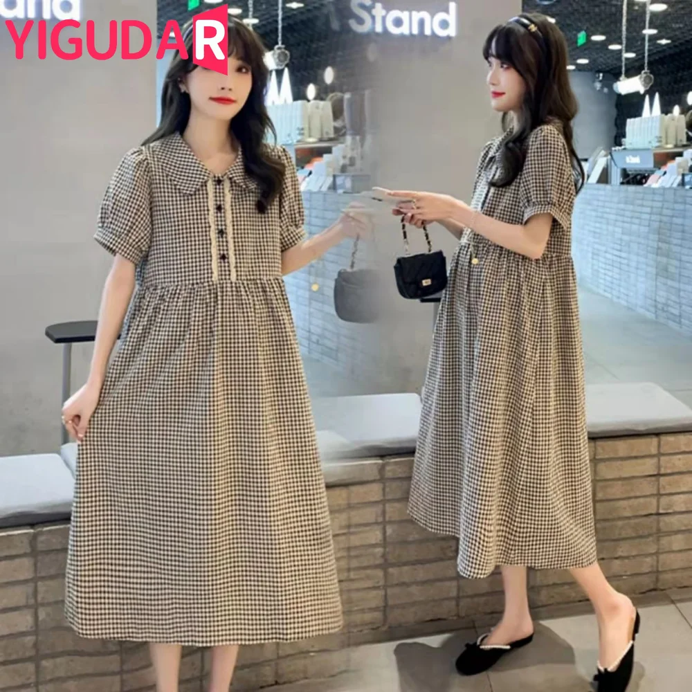 2022 Spring New Maternity Plaid Dresses Casual Short Sleeve Bow Split Knee-Length Pregnancy Vestidos Clothes For Pregnant Women