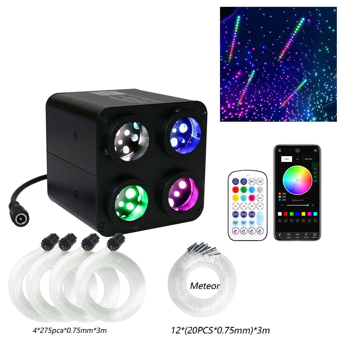 36W 4 Port Starlight Headliner Kit with Shooting Stars for Car Roof RGBW APP&Music Sync Home Use Fiber Optic Ambient Light image 3