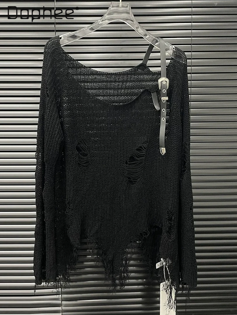 

Рваный вязаный свитер с открытыми плечами, женский субкультурный индивидуальный свитер для горячих девушек, нерегулярный свитер большого размера с длинными рукавами