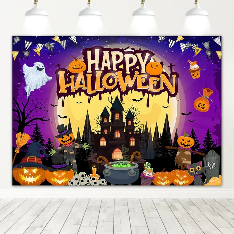 

Happy Halloween background purple pumpkin ghost scary moon night children party decorations