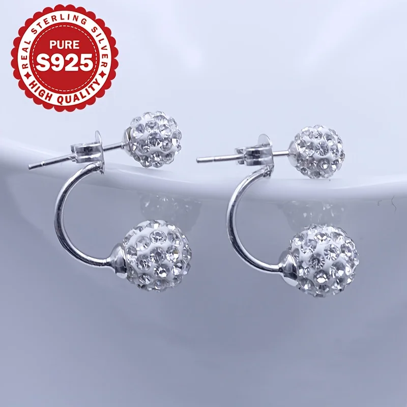 S925 Sterling Silver Ladies Earrings Shamballa Spiral Studs with Shiny Double Ball Pendants for Party And Wedding Allergy Free view 5