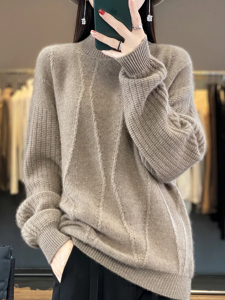 Women's Mock Neck Hollow Out Sweater Pullovers 100% Pure Wool Cashmere Loose Vintage Solid Knitwear Autumn Winter Clothing Tops
