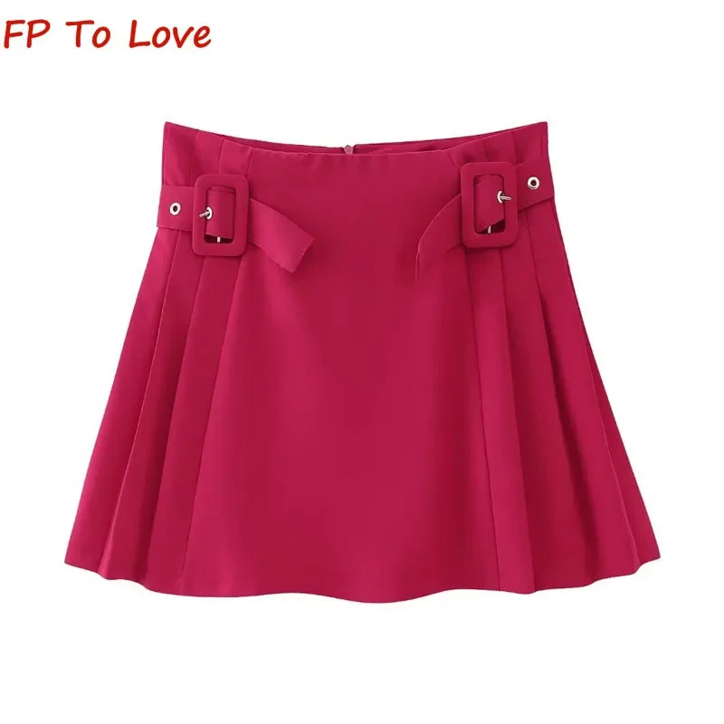 

Y2K Spice Girls High Waist A-Line Mini Skirt Rose Red With Belt Pleated Half Skirt 9878092