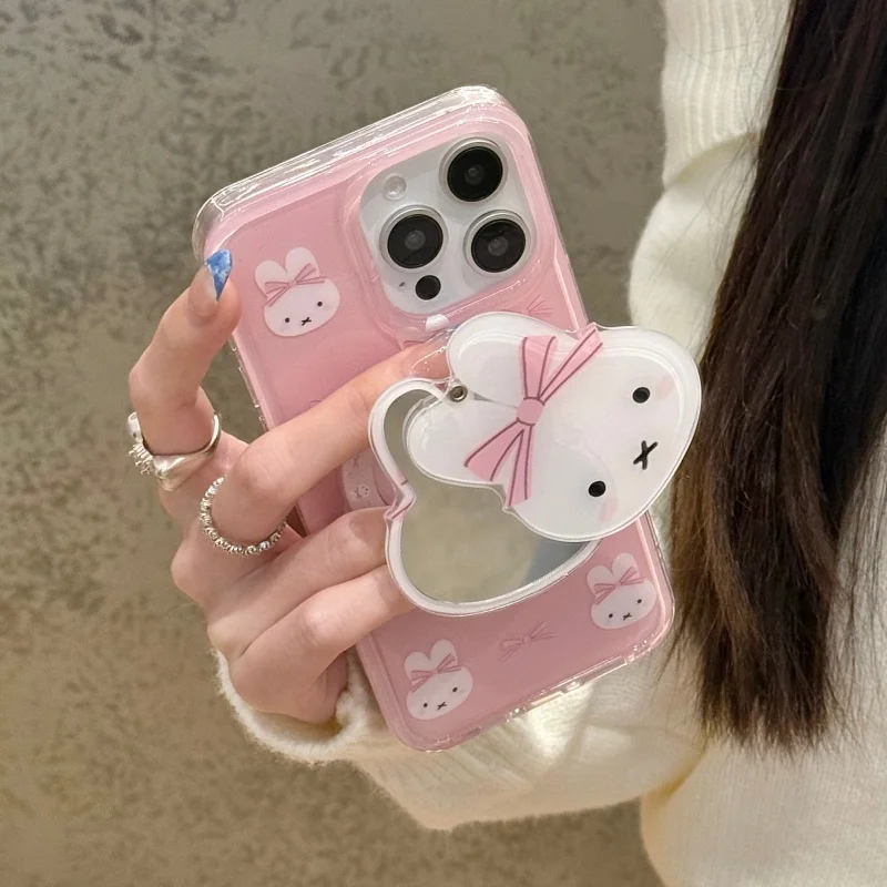 Urocze, różowe etui na telefon z motywem Miffy, z magnetycznym mocowaniem MagSafe i bezprzewodowym ładowaniem, z lusterkiem do makijażu, dla iPhone 16 15 14 13 17 Pro Max. — zdjęcie produktu 2