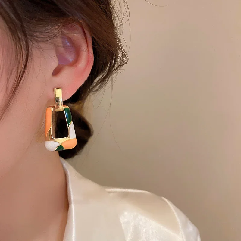 Minar 2024 Hot Sale Trapezoid Colorful Enamel Earring For Women Hollow Geometric Long Dangle Earrings Korean Style Party Jewelry