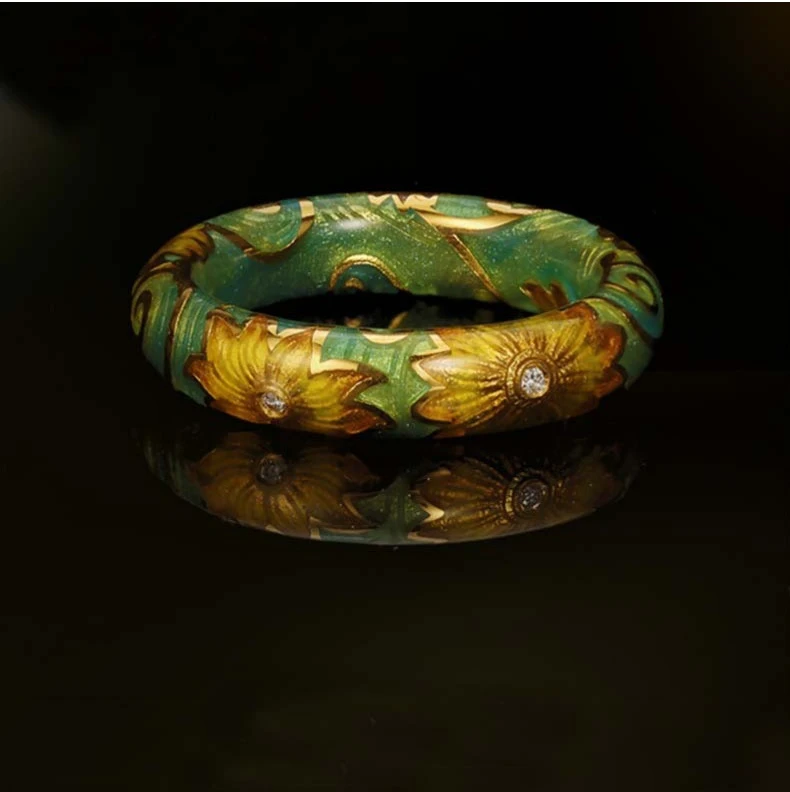 Vintage Sunflower Enamel Ring with Zircon for Women Bride Party Engagement Birthday Fine Jewelry Gifts