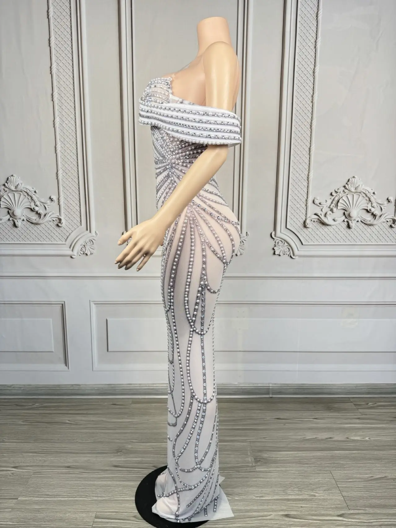 Moli Sparkly Rhinestone Pearls Sexy Evening Gown Women Birthday Celebrate Prom Tight Fitting Floor-length Dress Photo Shoot Wear