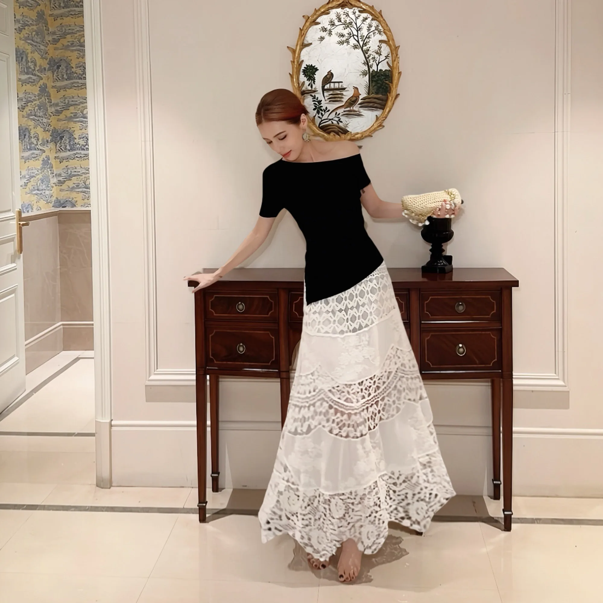 Luxury Boho Crochet Hollow Out Maxi Skirt Women Elegant Patchwork Floral Lace Long Skirts Chic Scalloped Beach Outfits DM3BSK004