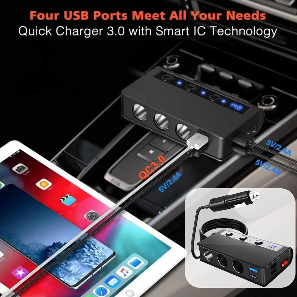 

180W 4 Port USB Car Charger Adapter Splitter Quick Charge 12V 24V For Phone Car Charger Adapter with LED Voltage Display