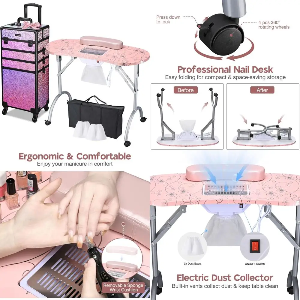 Portable Manicure Table with Rolling Makeup Trolley Organizer for Nail Technicians and Cosmetology on Wheels
