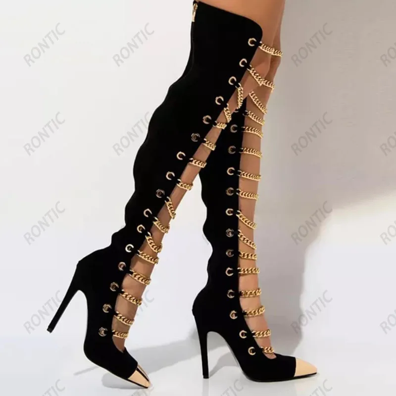 Rontic Handmade Women Spring Over Knee Boots Sexy Chain Back Zipper Stiletto Heels Pointed Toe Black Party Shoes US Size 5-15