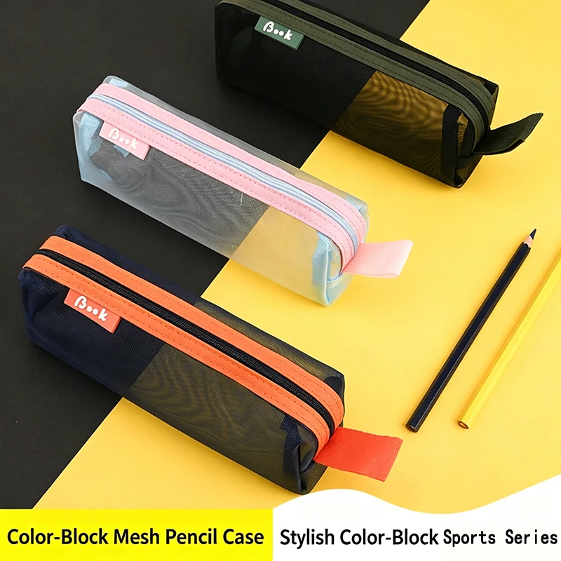 Large Capacity Mesh Transparent Pencil Case Student Exam Pen Bag Color Contrast Stationery Storage Pouch for School Supplies