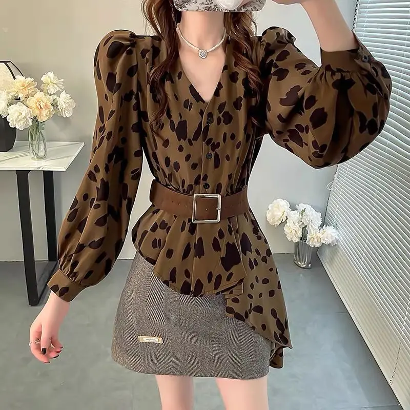 

Retro Leopard Print irt Women's Spring Autumn New Sle Slimming Long Sve Waist-Cinching Design Top French Sle Slim Fi...
