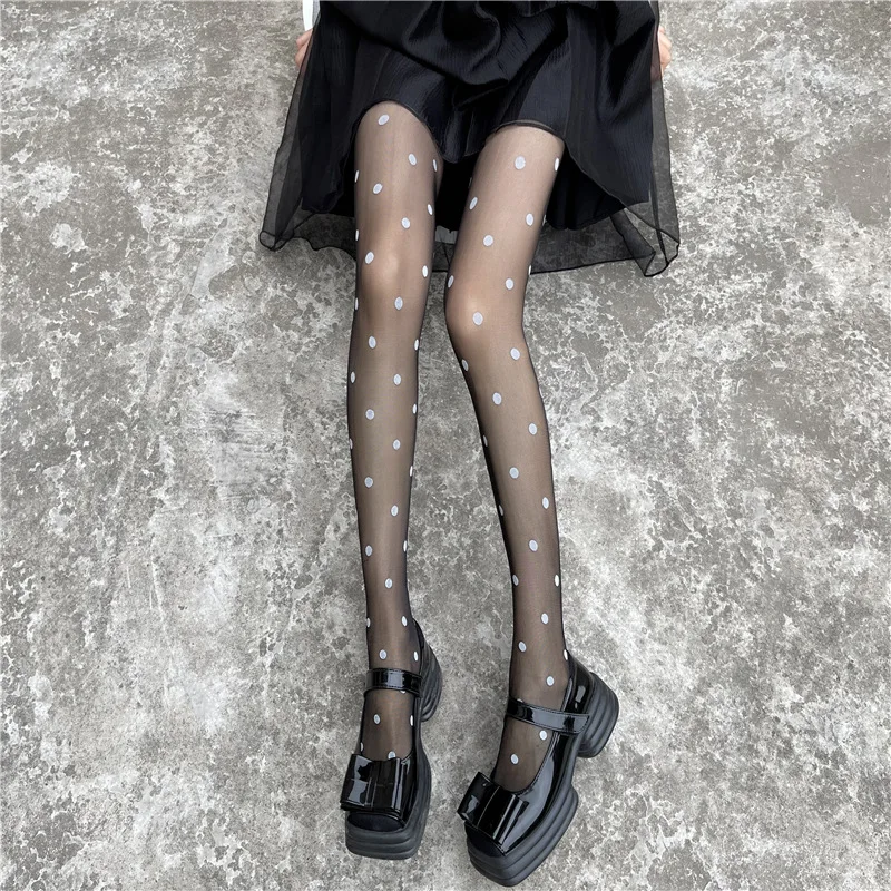 

Fashion Retro White Dotted Women's Black Sexy Silk Stockings Thin Elastic Pop Art Pantyhose Lolita Beauty Slim Fit Nylon Tights