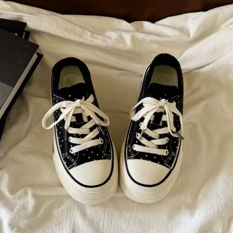 Girls Women Black White Polka Dot Backless Platform Mules, Slip‑On Thick Sole Casual Canvas Sneakers