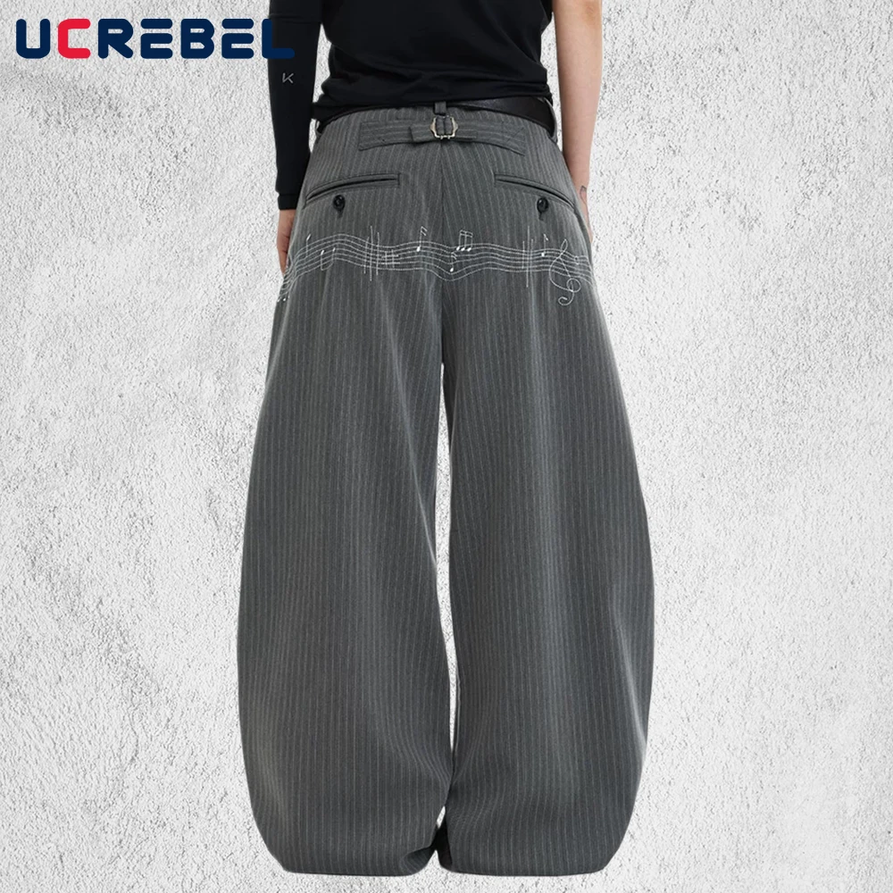 Music Note Embroidery Striped Suit Pants Mens Summer Retro High Street Baggy Wide Leg Scimitar Trousers Man