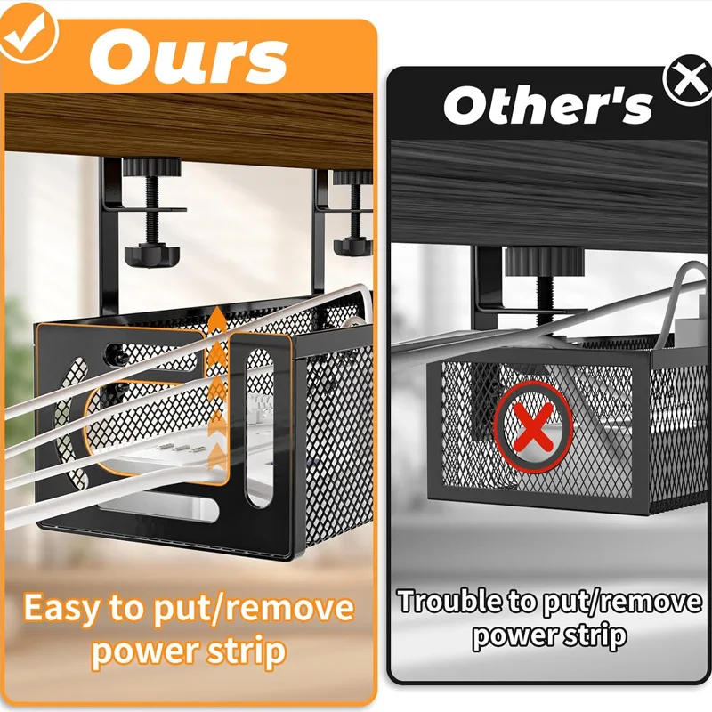 Under Desk Cable Management Basket Carbon Steel Power Strip Holder No-Drill Hook Mount Home Office Desks