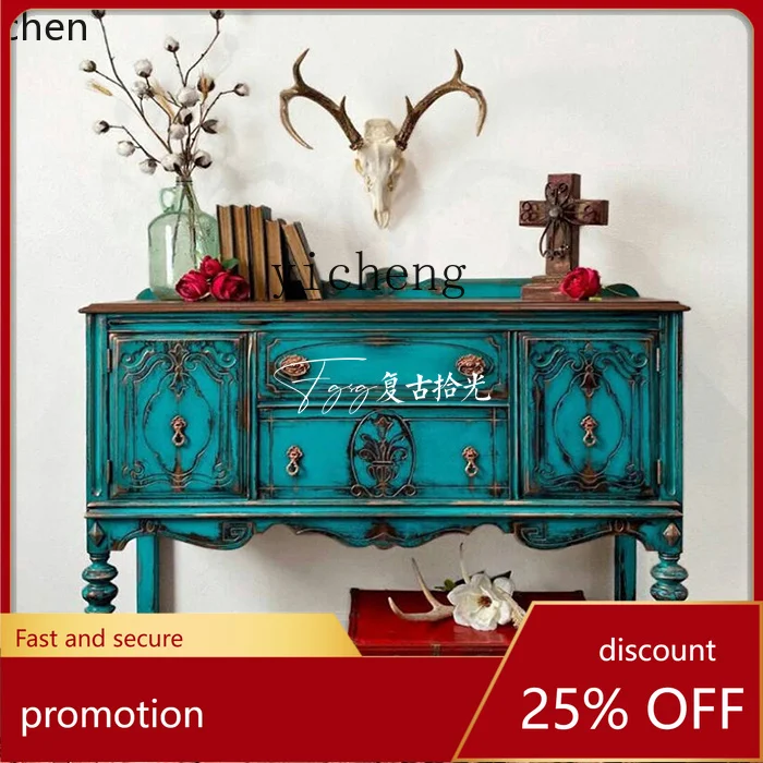

HXL retro turquoise old entrance cabinet living room solid wood storage side cabinet