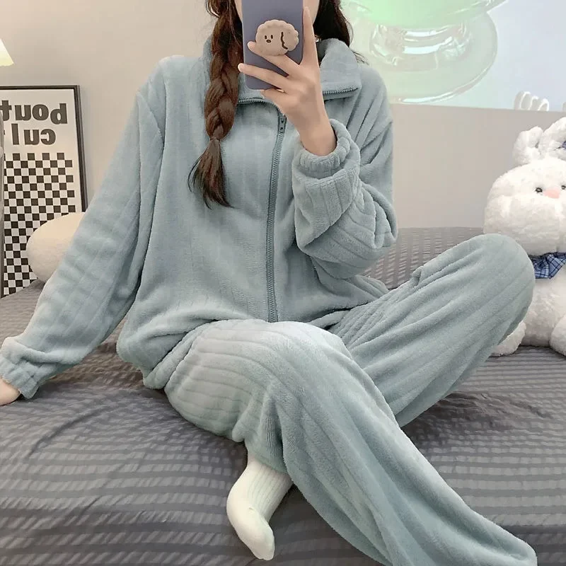 2024 New Autumn Winter Zipper Simple Sleepwear Women Long Sleeve Pants Coral Plush Loungewear Thickened Pockets Flannel Homewear