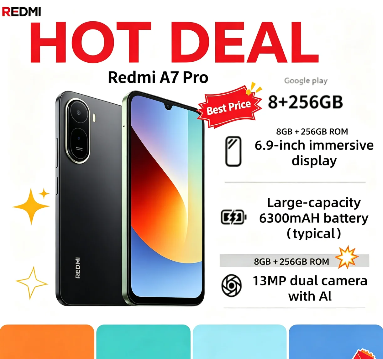 Viral Selling 2026 Redmi A7Pro Unlocked Global Cellphone 8GB+256GB Helio G85 Processor 6.9‑Inch FHD+ Vivid Full Screen Gaming