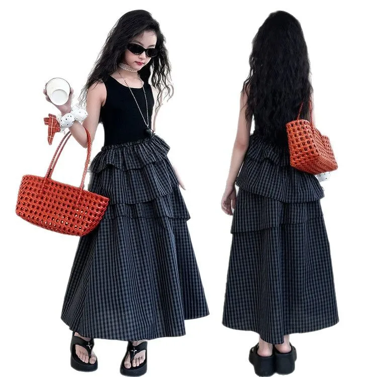 

summer French design teen girls sleeveless checkered vest dress junior kids Black splicing grid long tiered dresses 4-14 clothes